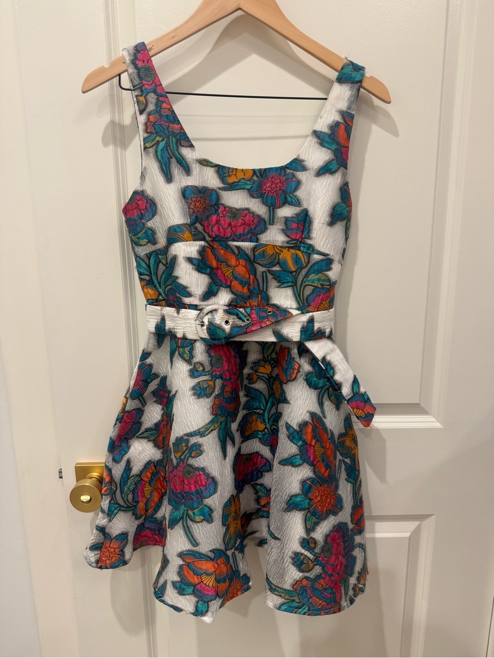 TCEC White Fit-and-Flare Dress with Teal, Pink & Orange Floral Print